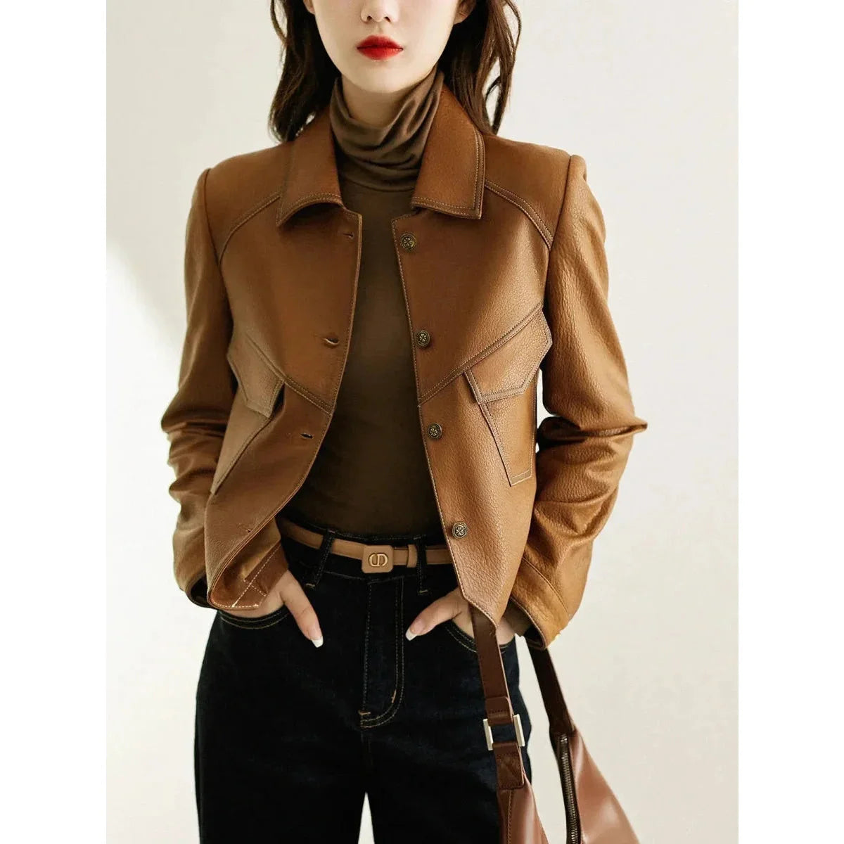 Women's Sheepskin Leather Slim Fit Single Breasted Streetwear Jacket