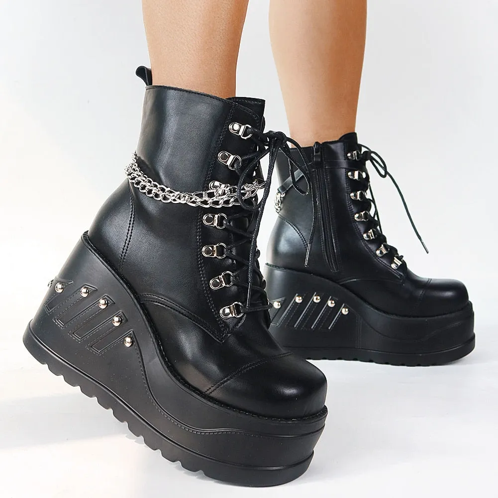 Women's Solid Punk Round Toe Motorcycle High Heel Wedge Ankle Boots