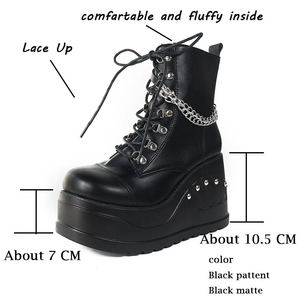 Women's Solid Punk Round Toe Motorcycle High Heel Wedge Ankle Boots