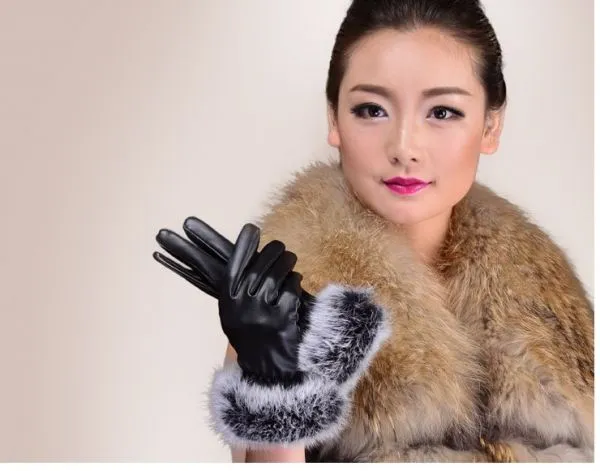 Women's leather gloves lined with real rabbit fur