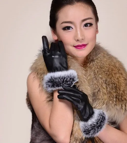 Women's leather gloves lined with real rabbit fur